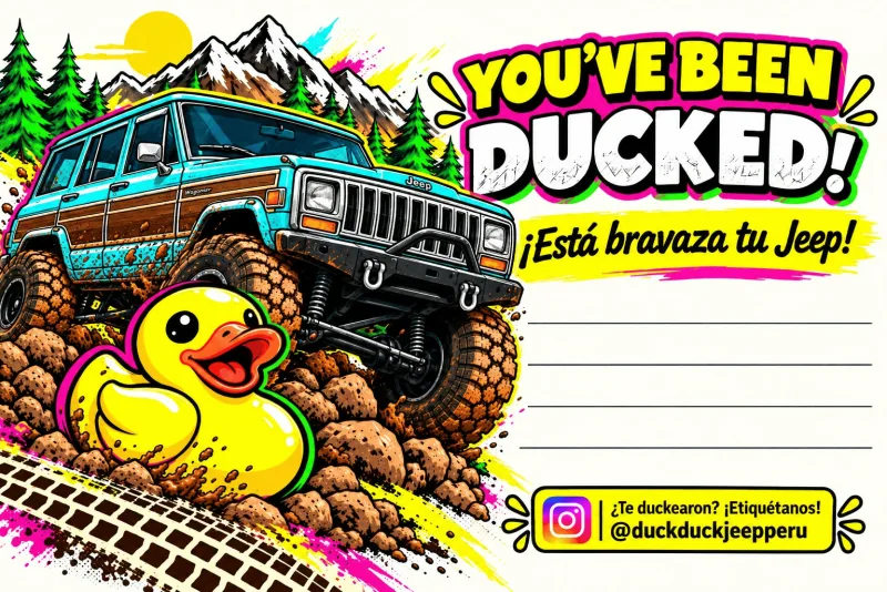 Tarjeta «You’ve been ducked!» con un Jeep Wagoneer SJ