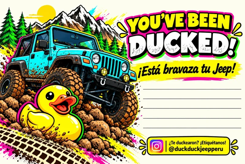 Tarjeta «You’ve been ducked!» con un Jeep Wrangler TJ