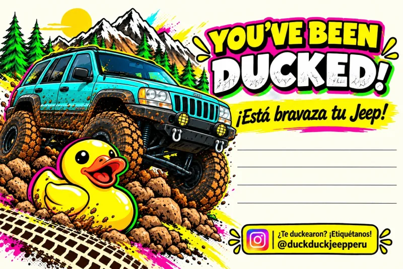Tarjeta «You’ve been ducked!» con un Jeep Grand Cherokee WJ