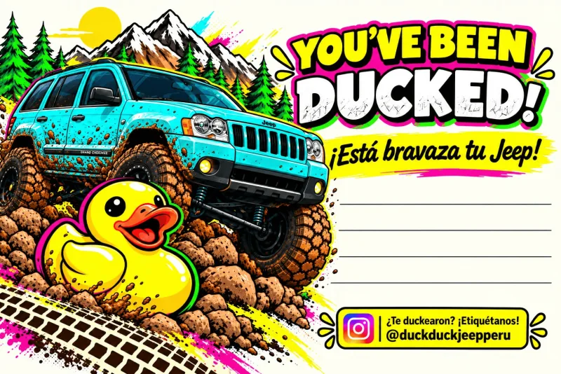 Tarjeta «You’ve been ducked!» con un Jeep Grand Cherokee WK