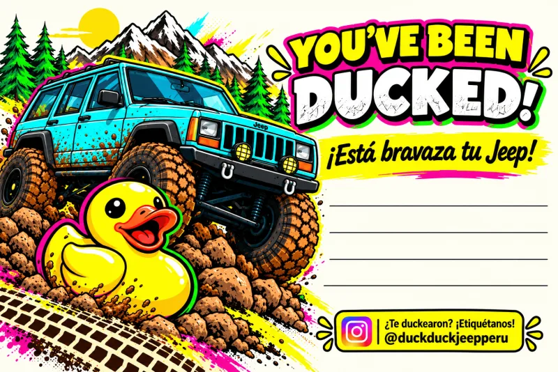 Tarjeta «You’ve been ducked!» con un Jeep Cherokee XJ