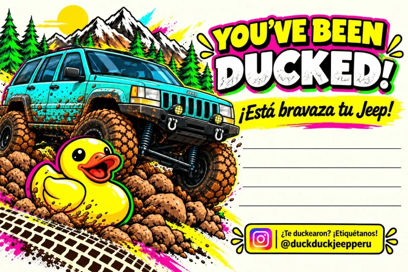 Tarjeta «You’ve been ducked!» con un Jeep Grand Cherokee ZJ